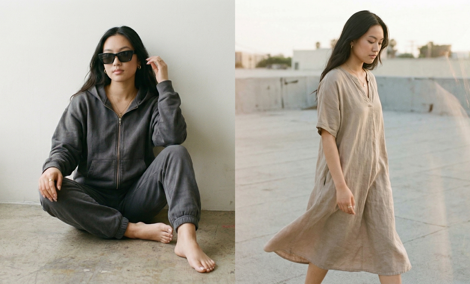 Two images of a woman in different outfits: one in dark gray loungewear and the other in a beige dress.