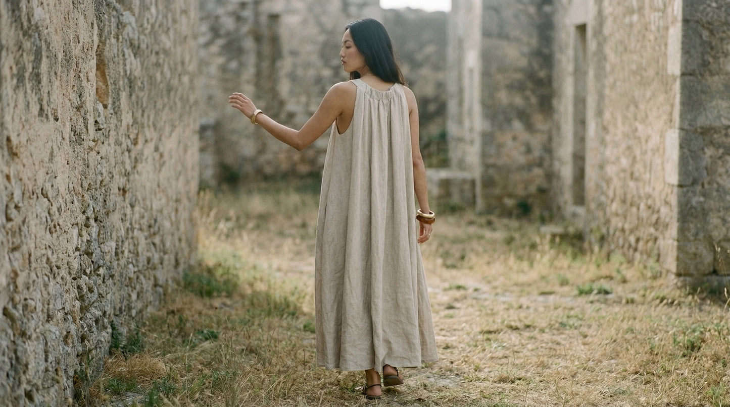 Woman in a beige dress standing in an old stone building ruin.