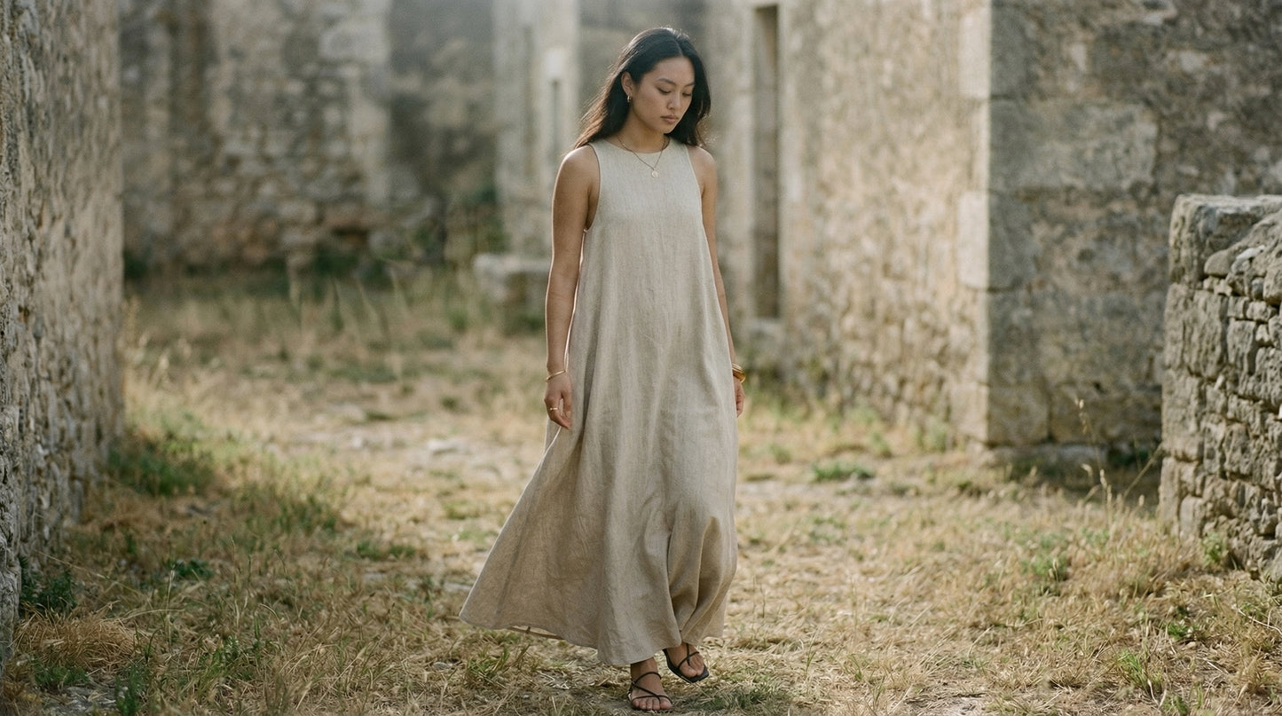Woman in a long beige dress standing in an ancient ruin.