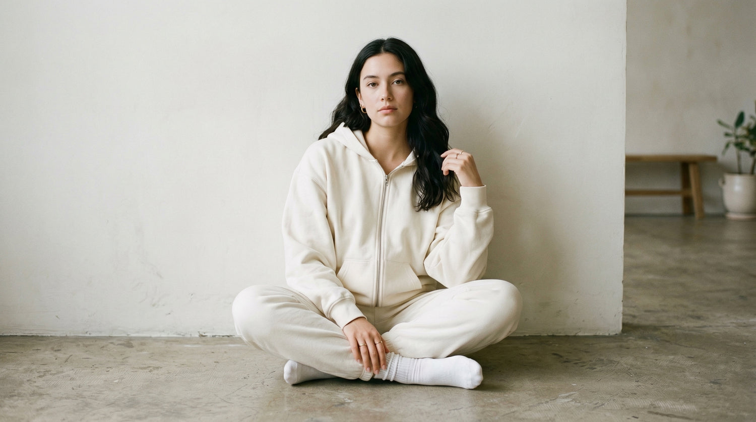 Woman sitting on the floor in a minimalistic room wearing a white hoodie and pants.