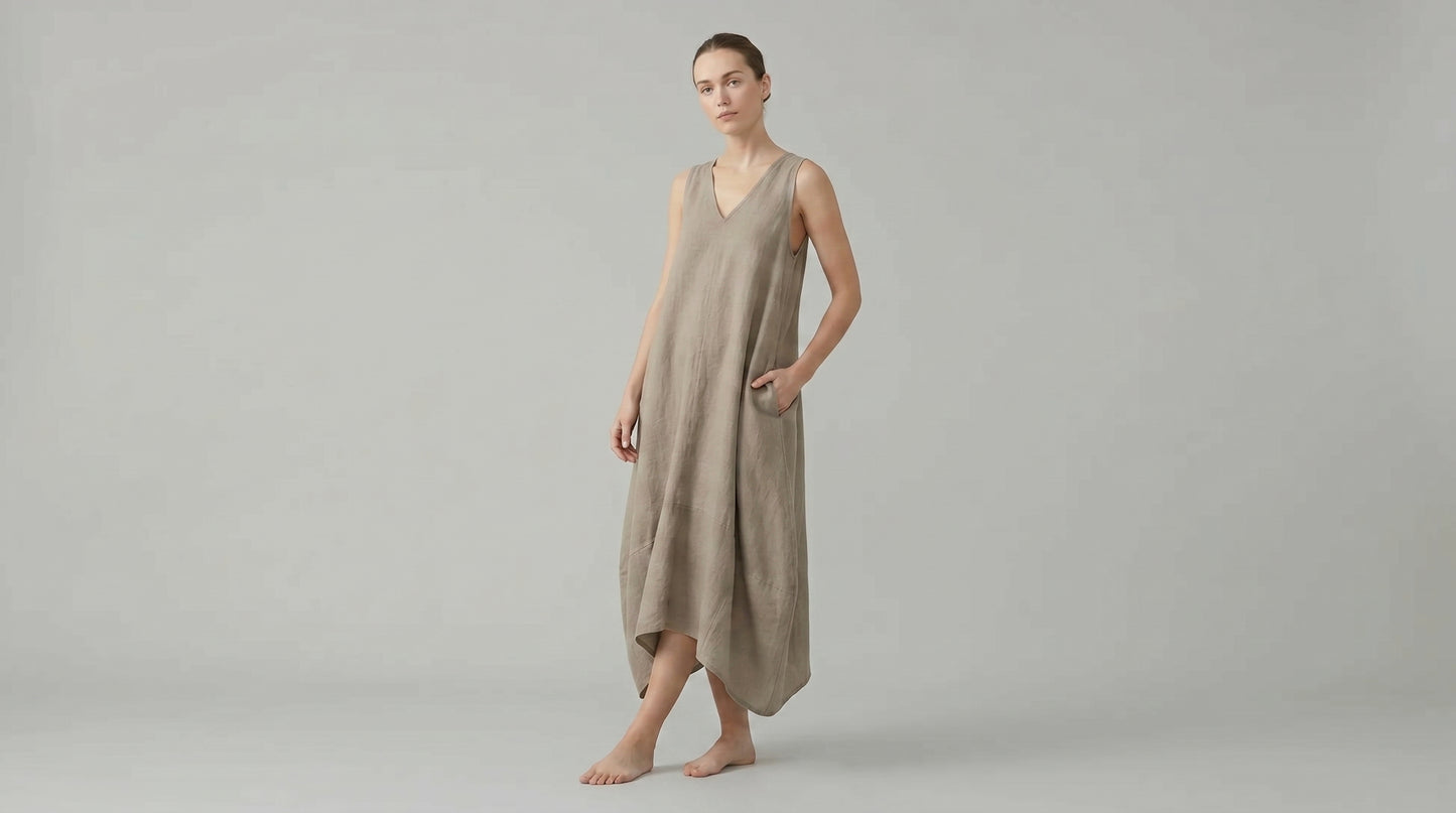 Woman wearing a beige dress against a plain background
