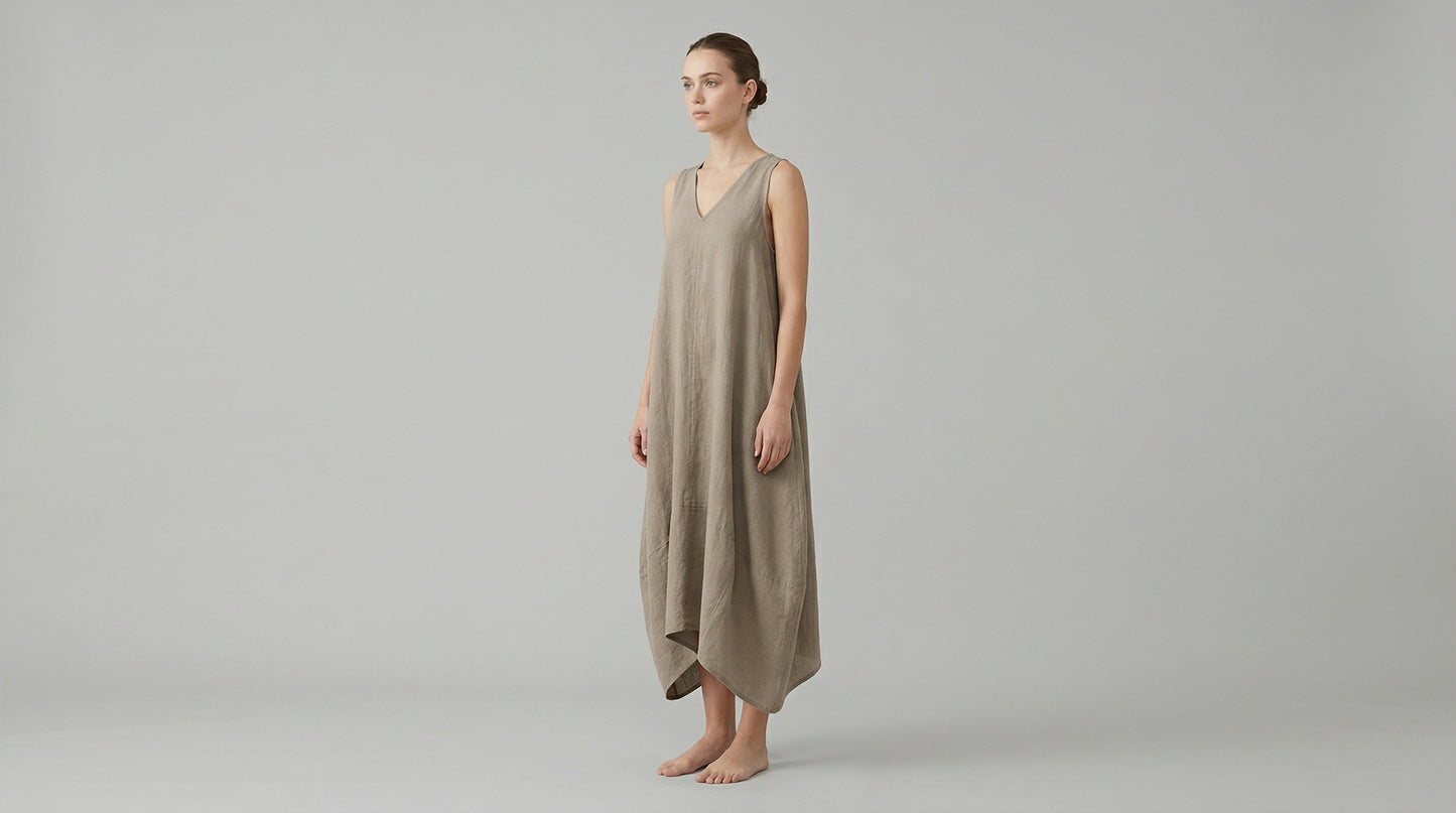 Woman wearing a beige dress against a plain background